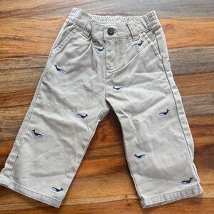 NWOT- Janie and Jack Tan Pants with Navy & Light Blue Whale Embroidery-